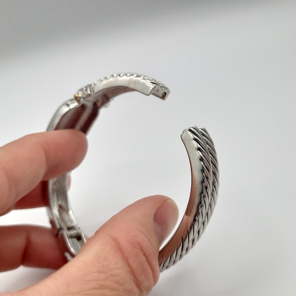 Vintage Two Tone Cable Hinged Bangle Bracelet Silver Gold Tone Chunky Cuff - Picture 11 of 14